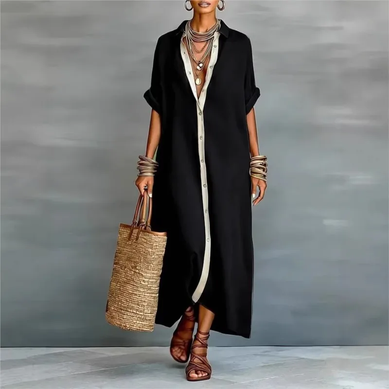 Contrast Color Cotton Linen Dress Three-quarter Sleeves 2026 Spring Women's Solid Color V-neck Lapel Button-down Shirt Dress