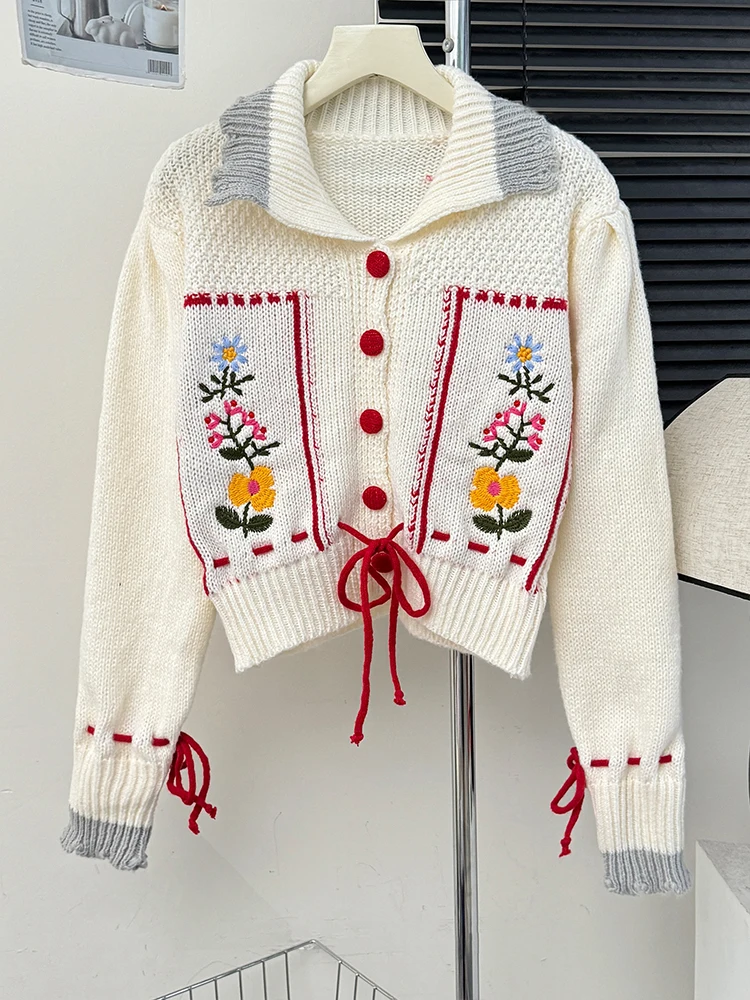 Korean style Knit Cardigan Women Vintage Peter Pan Collar Embroidery Lace Up Sweater Coat Autumn Sweet Long Sleeve Tops