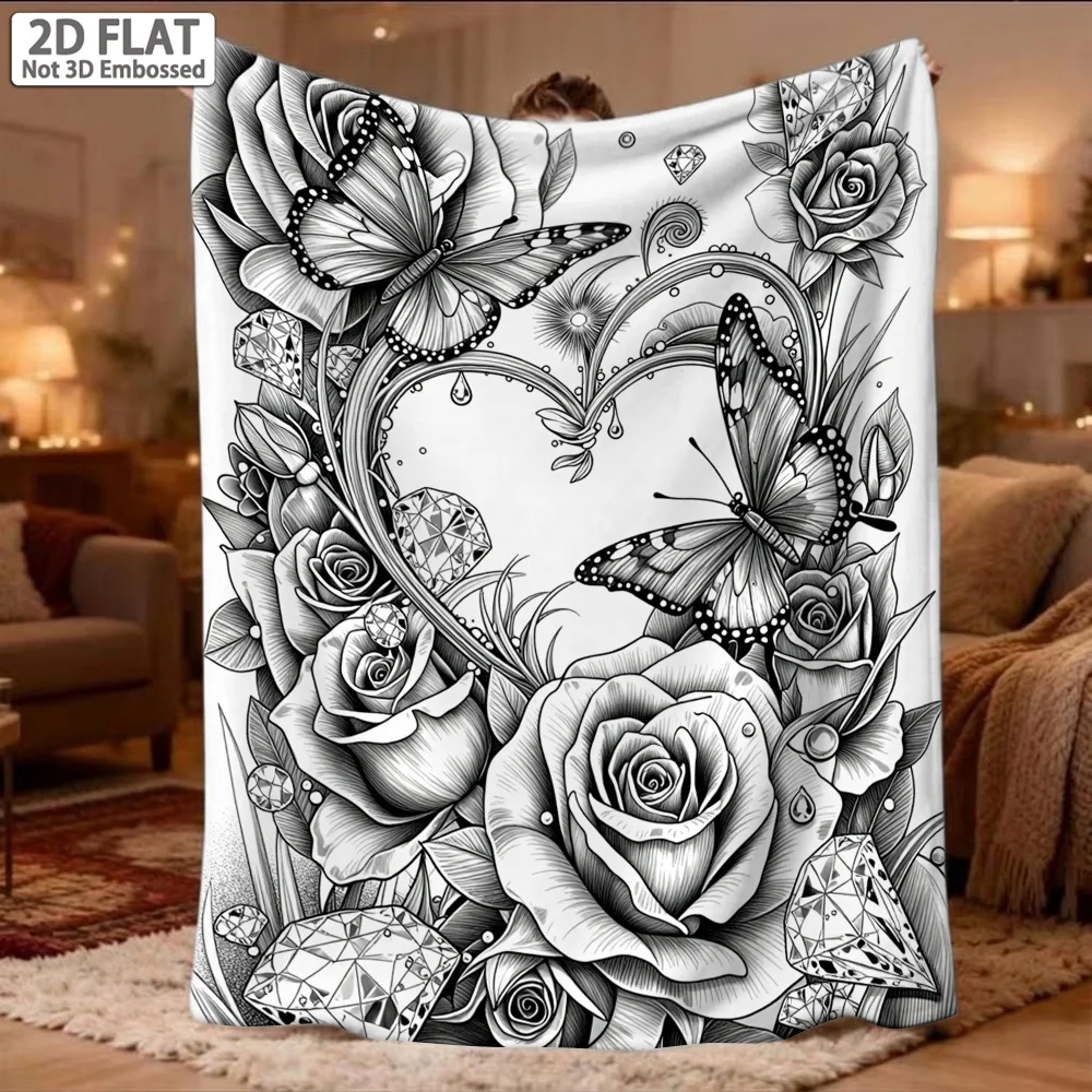 Rose Butterfly Heart Line Art Throw Blanket, Soft Cozy Blanket for Sofa Bed, Versatile Home Decor Gift