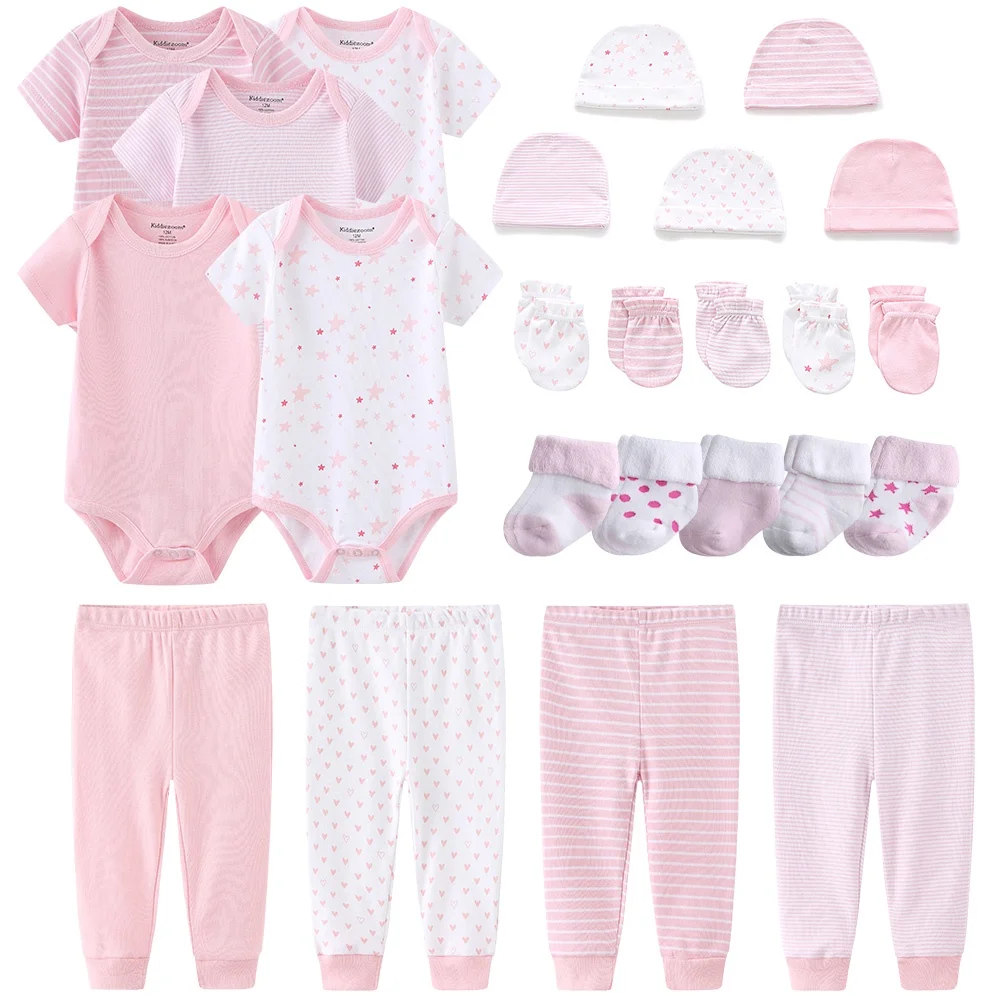 Solid Color New Born Cotton Bodysuits+Pants+Gloves+Hats+Socks Baby Girl Clothes Unisex Short Sleeve Baby Boy Clothes Sets Bebes