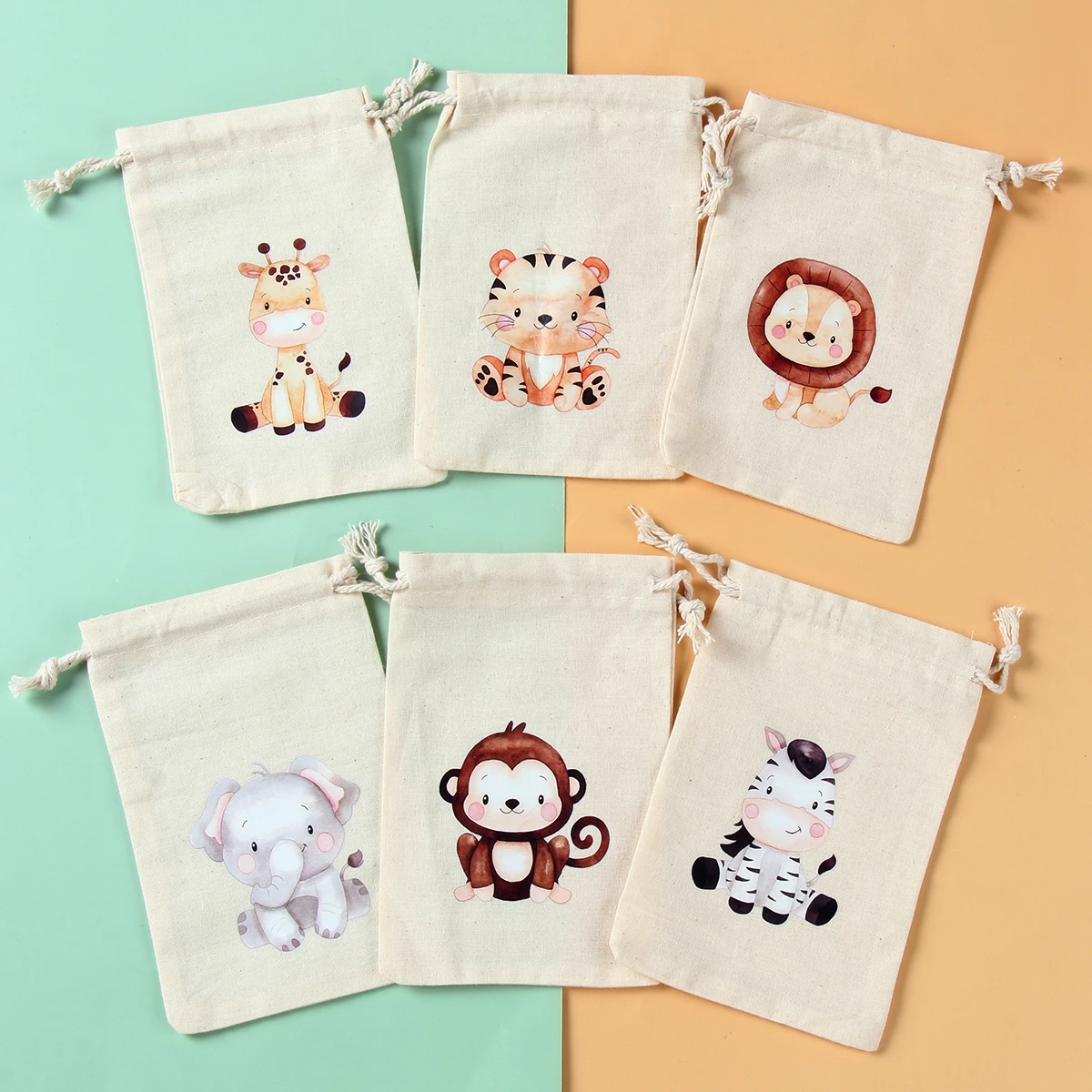 6Pcs Animal Gift Bags Jute Drawstring Burlap Bag Jungle Safari Birthday Party Decor Kids Baby Shower Chocolate Candy Bags