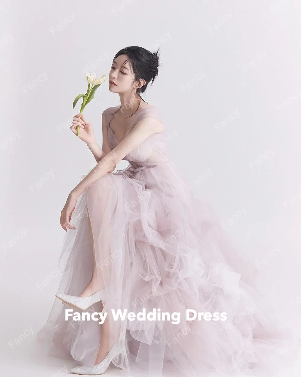 Fancy Elegant V Neck Korea Wedding Dress Photo Shoot Sleeveless A Line Soft Tulle Bridal Gown Floor Length 웨딩드레스 customized