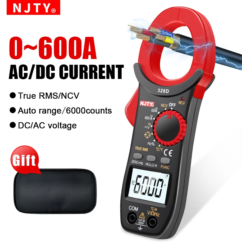 NJTY Digitales Zangenmessgerät, 600 A, DC/AC-Strom, automatische Reichweite, Multimeter, 6000 Zählungen, Voltmeter, Amperemeter, Zange, NCV, Ohm, Elektriker-Werkzeuge