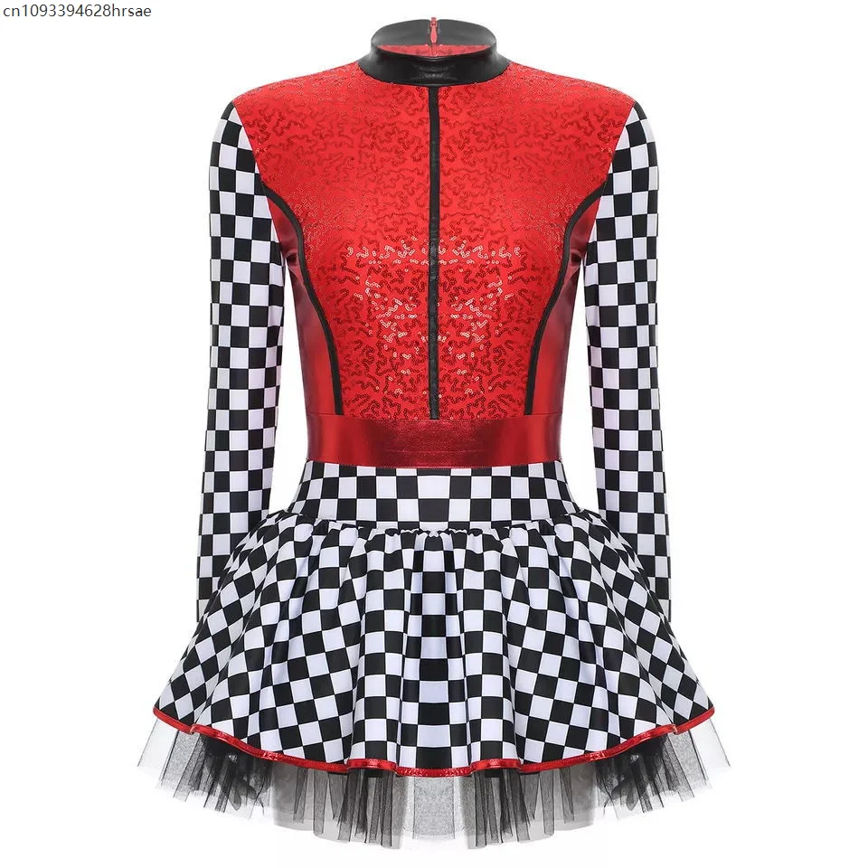 

Women Race Car Driver Cosplay Costume Girl Long Sleeve Checkerboard Sequin Tutu Dress Rave Themed Party Racer Pole Play Dress Up