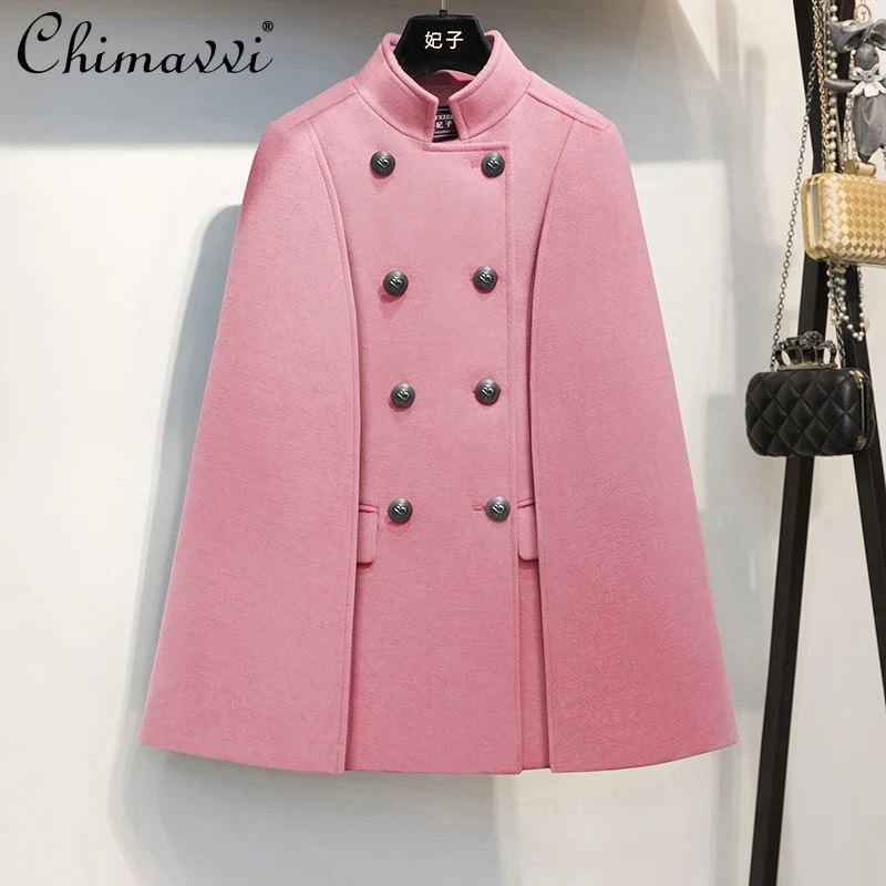 

High-end Cape Woolen Coat Women's Autumn and Winter New Fashion Commuter Loose-fit All-Match Shawl Pink Woolen Jackets Coat