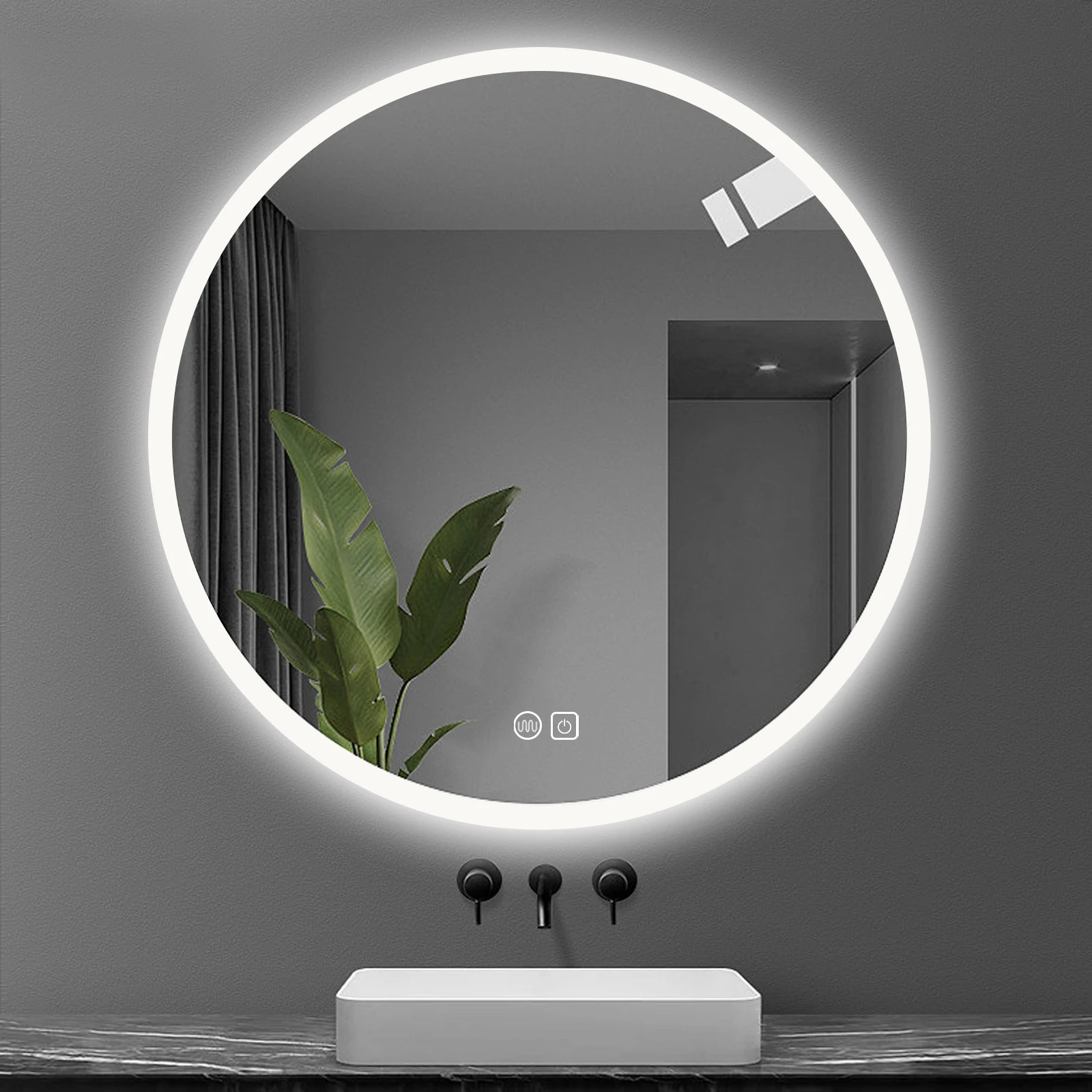 Round Bathroom Mirror with LED Lights Wall-mounted Anti-fog Mirror Light Touch Switch Color Temperature Adjustable Stepless Dimm