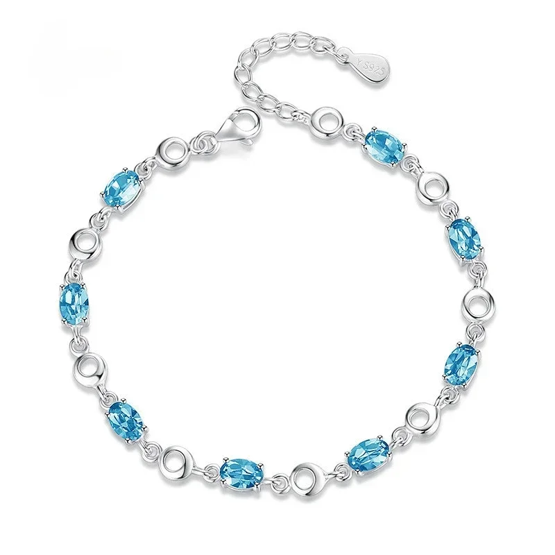 Female Topaz Bracelets 925 Sterling Silver Deep Sapphire Color Gemstone Bracelet for Student Girl Birthday Gift