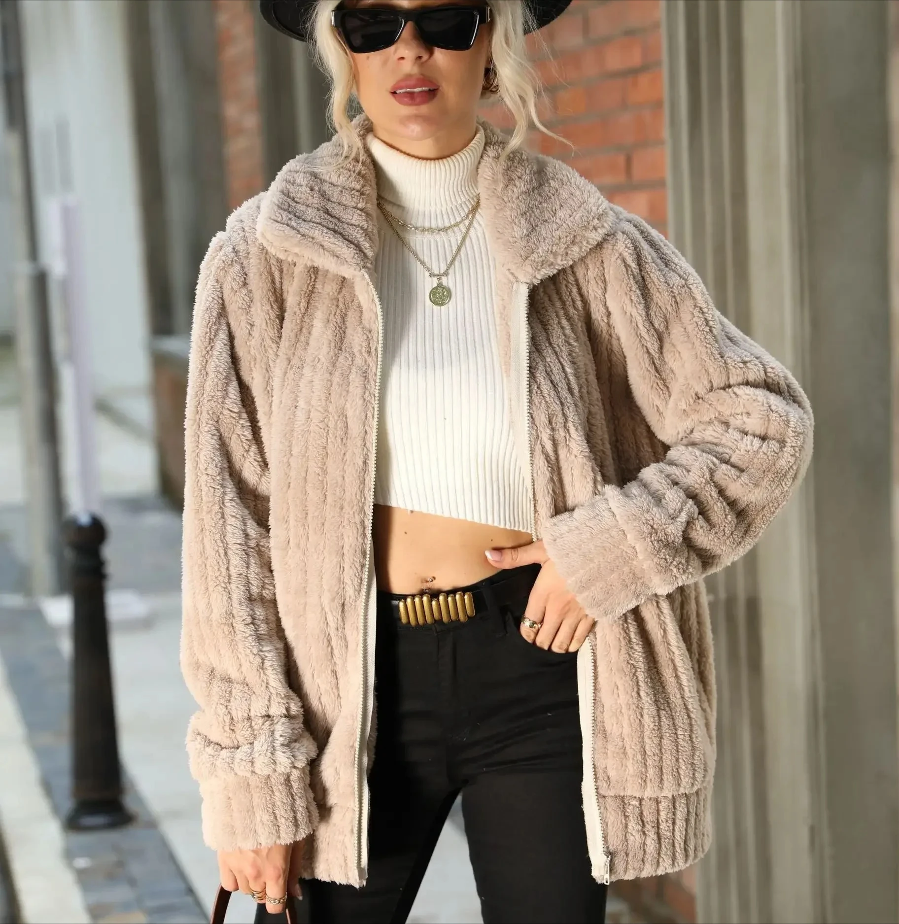 

Women's Velvet Jacket Long Sleeve Zipper Solid Color Medium-length Double-sided Fleece Jacket Brands