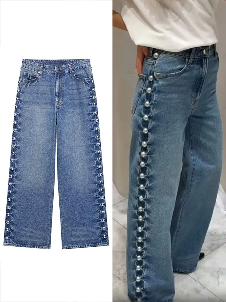 

HH Женские модные джинсы с боковыми заклепками и украшением, джинсовые брюки с высокой талией на молнии, повседневные женские уличные брюки Y2k, винтажные джинсы