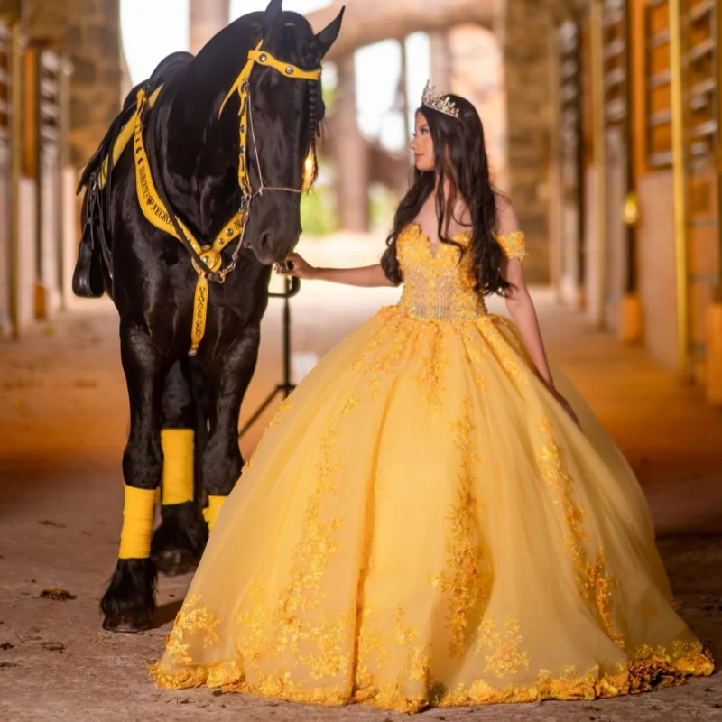 

Yellow Quinceanera Dresses Off the Shoulder 3D Flower Sequins Decal Bow Long tail Vestidoe 15 Quinceanera Customize
