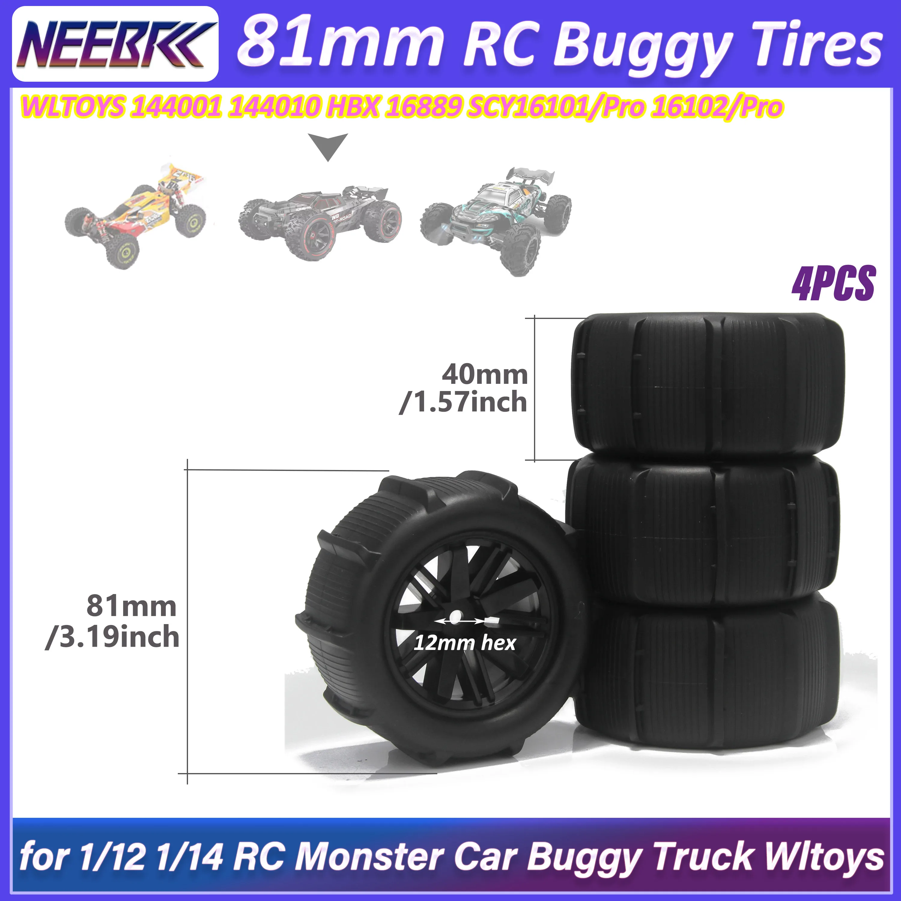 

4PCS 81mm RC Tires 12mm Hex Wheels Tyre for 1/12 1/14 RC Monster Car Buggy WLTOYS 144001 144010 HBX 16889 SCY16101/Pro 16102/Pro