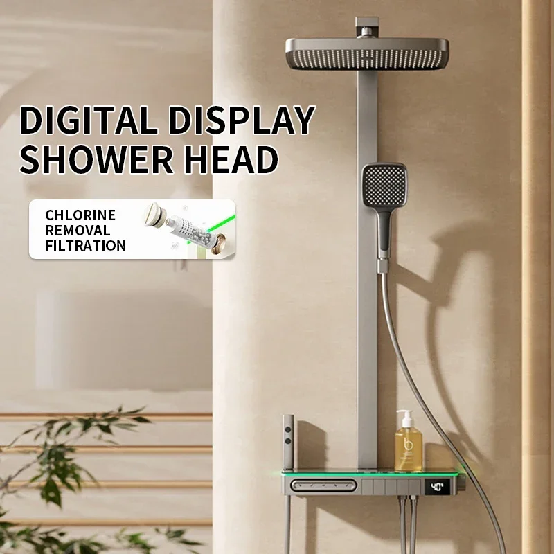 White Constant Temperature Digital Display Shower Set Bathroom Removed Chlorine Atmosphere Lamp Shower System Faucet Set