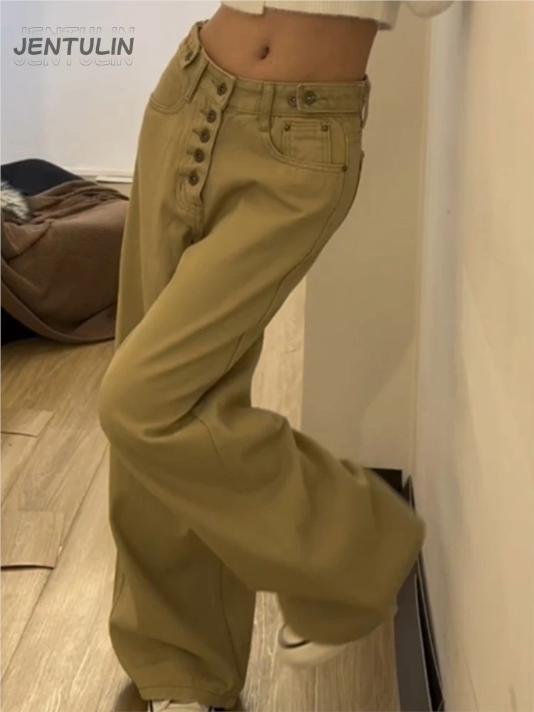 

American Retro Embroidery Khaki Wide Leg Loose Women Jeans High Waist Slim Button Design Sense Knife Ladies Trousers Denim Pants