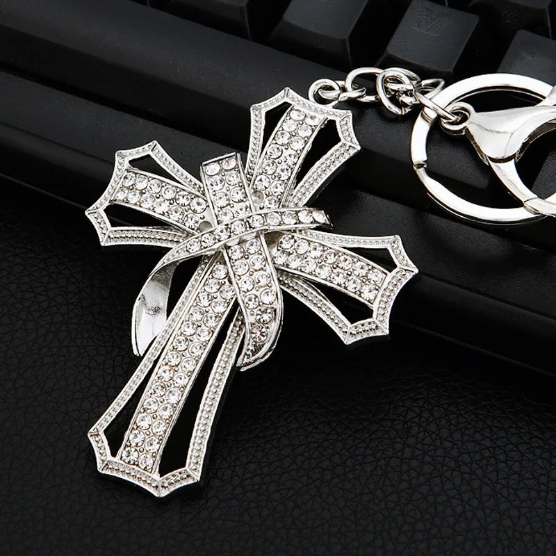 Catholic Cross Keychain for Women/Men Rhinestone Alloy Gold/Silver Color Religious Christ Keyring Bag Charm Jewelry