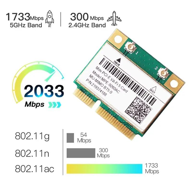 AT42 2033Mbps Mini-PCIE Card 9260AC 2.4G/5GHz BT 5.0 Wlan WiFi Card Dual Band 802.11Ac Laptop Deskktop for Windows10/11