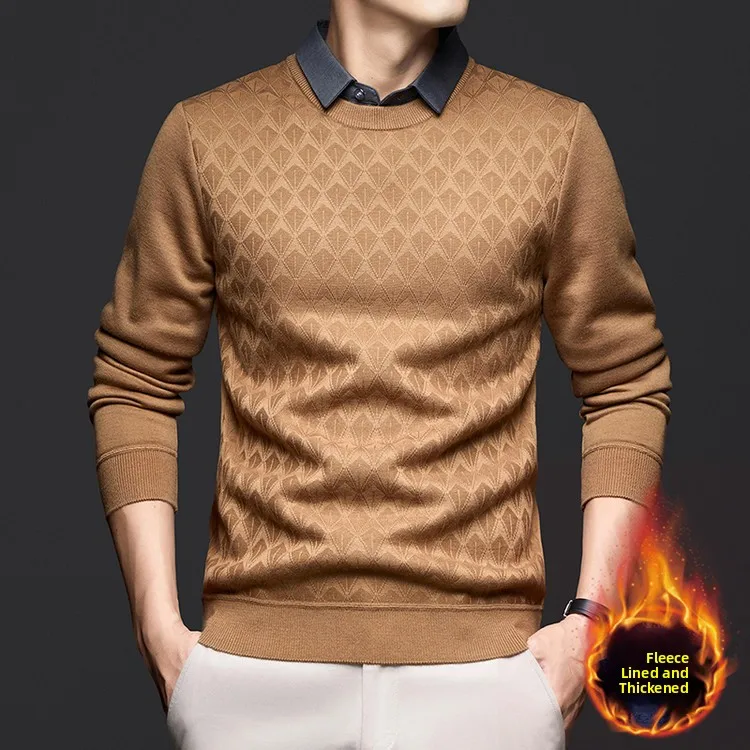 

Men's Fce Lined Knitted Thiened irt Collar Sweater Autumn Winter Warm Dad Top Button up Long Sve Busin Casual