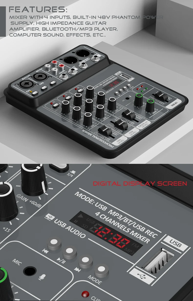 4 Channel Audio Mixer 48V Phantom Power USB Studio Sound Mixers Bluetooth DJ Console Mixing for Karaok