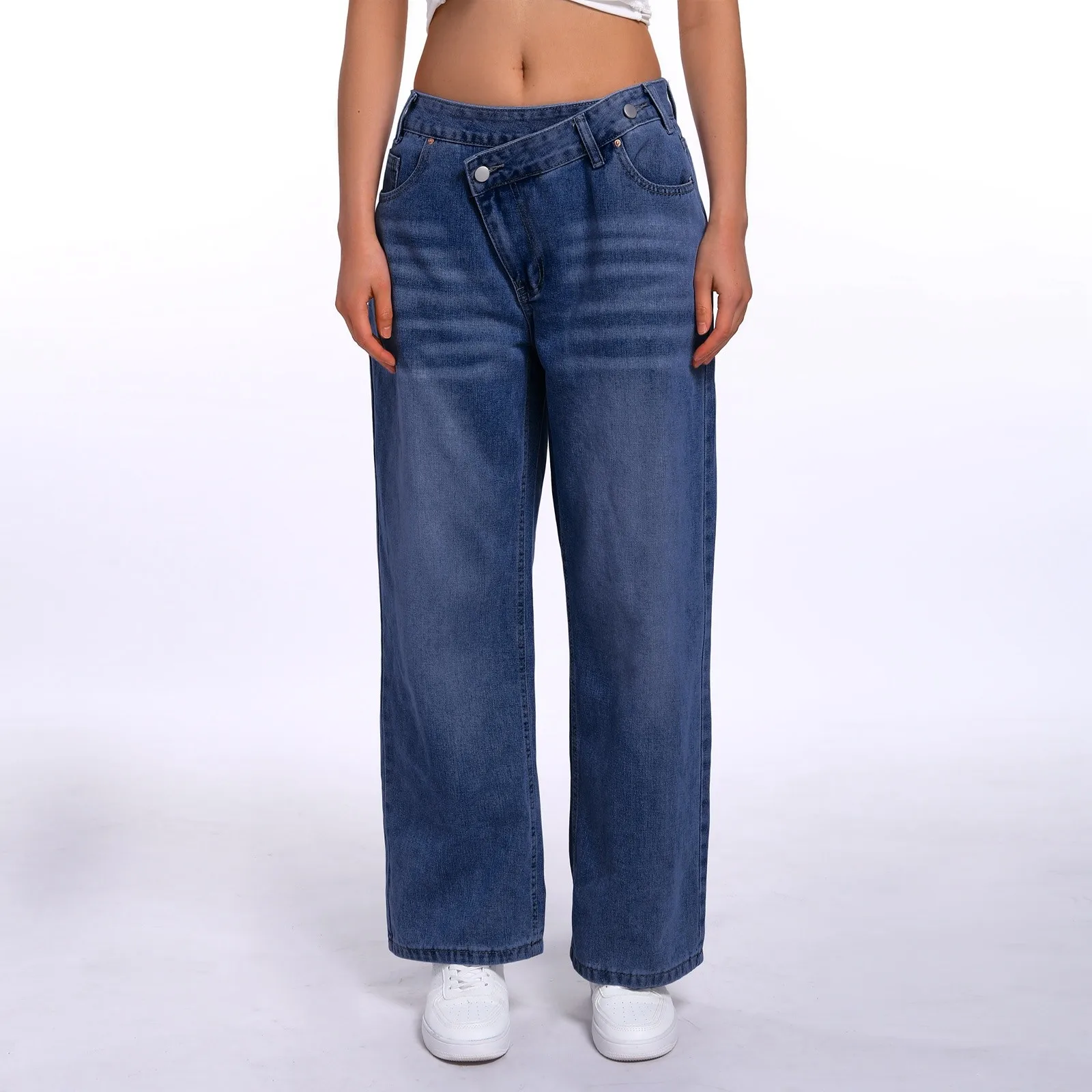 

American Style Denim Pants Women'S Solid Color Straight Leg Denim Jeans Casual Loose Fit With Elastic Waist Womens Jean Trousers