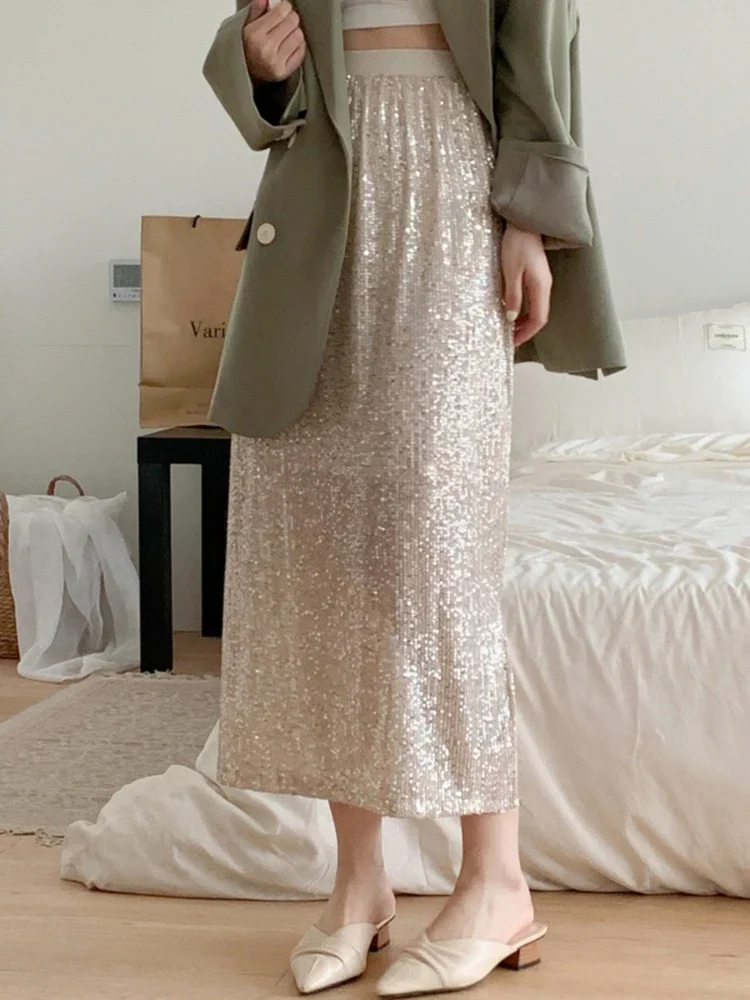 CJFHJE جديد أزياء المرأة الصناعة الثقيلة الترتر تألق تنورة الكورية تنوعا سبليت مستقيم النساء التنانير الربيع الصيف