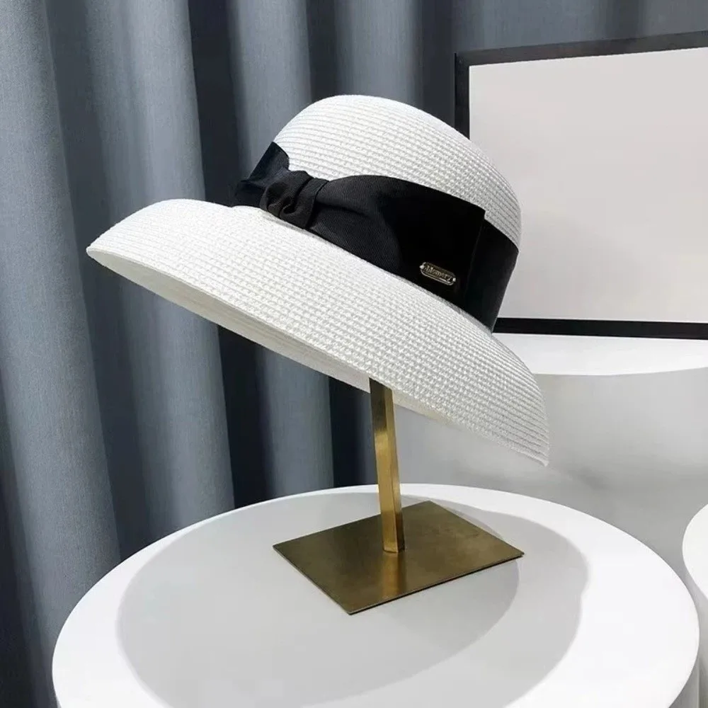 French Summer Women Straw Hat Wide Brim Hepburn Style Beach Sun Hat UV Resistant Face Covering Sun Hat For Beach Vacation
