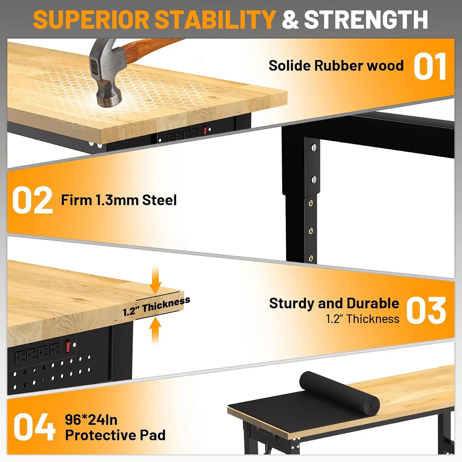 96 Inch Adjustable Workbench 5000 Lb Capacity Heavy Duty Table Power Outlet Pegboard Rubber Wood Top Garage Workshop Office