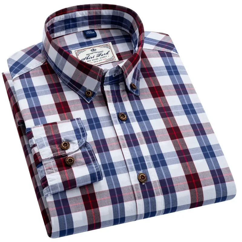 Camisa xadrez de algodão masculina, manga comprida, lapela fina, moda coringa, camisa havaiana, alta qualidade, quatro estações