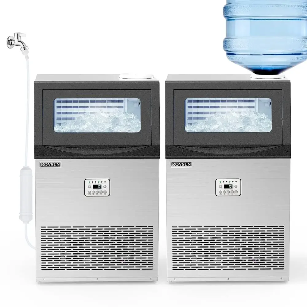 110LBS/24H Commercial Ice Maker Machine with 50lbs Storage Bin, Freestanding/Countertop Ice Machine with 2 Water Inlets, Ice Sco