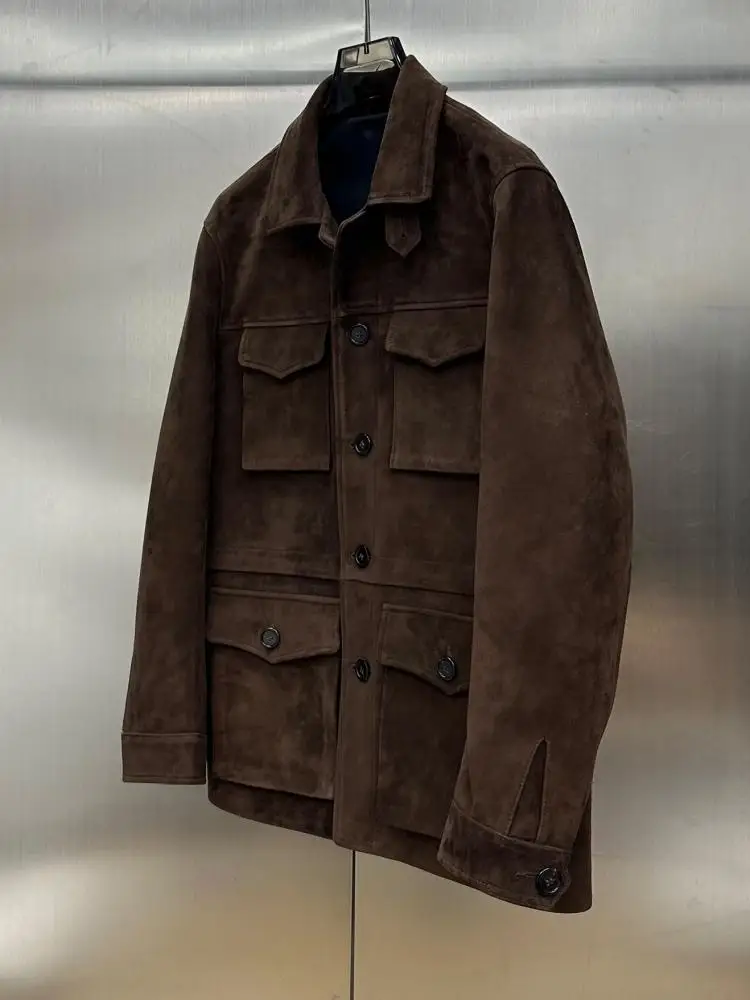 Retro Solid Color Single-Breasted Long Sleeves Pocket Genuine Leather Jacket Slim Male Turn Down Collar Sheepskin Outerwear