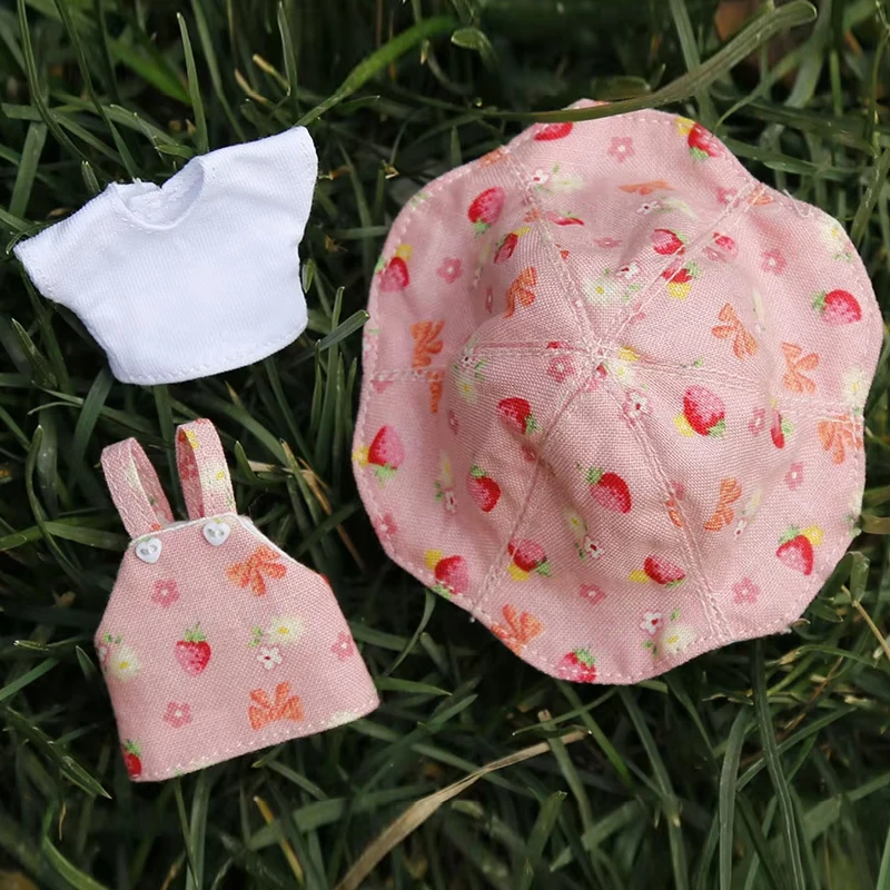 OB11 Cute Strawberry Vest Dress White Short-Sleeved Hat Set for obitsu 11, molly, gsc, YMY BJD Doll Accessories