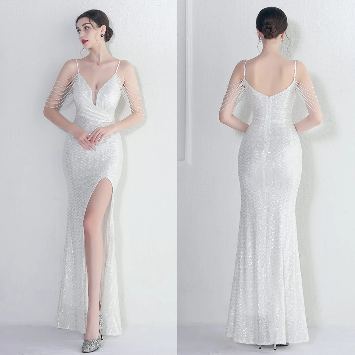 Evening Dress White Sequins Beads Sgaphetti Straps Zipper Back Mermaid Trumpet Floor Length Women Party Formal Gown YE470