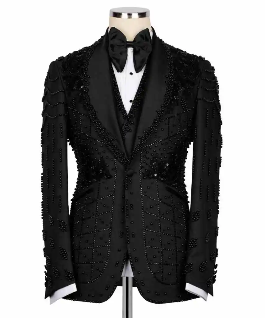 Luxurious Man Tuxedos Appliques Beaded Single Breasted Wedding Suit Shawl Lapel 2 Piece Jacket Pants Evening Groom  Customized