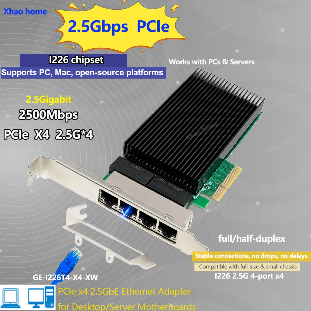 

2.5G Ethernet Card 2500Mbps Gigabit NICRJ45 Quad Port 2.5G PCIe Network Interface Card Ethernet Adapter Desktop Networking