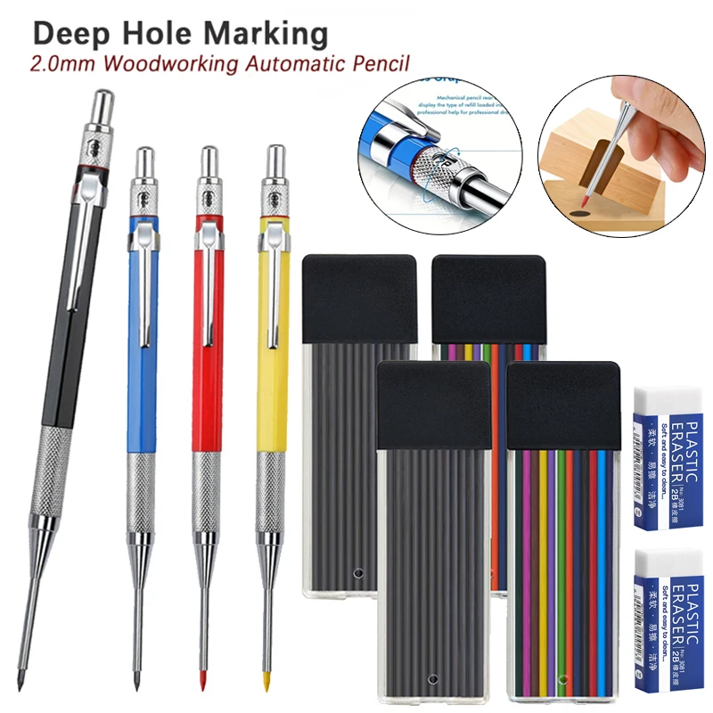 

12pcs/set Creative Deep Hole Woodworking Mechanical Pencil Set With 2.0mm 2B Lead Refill, for Woodworking Engineer Marking Tool