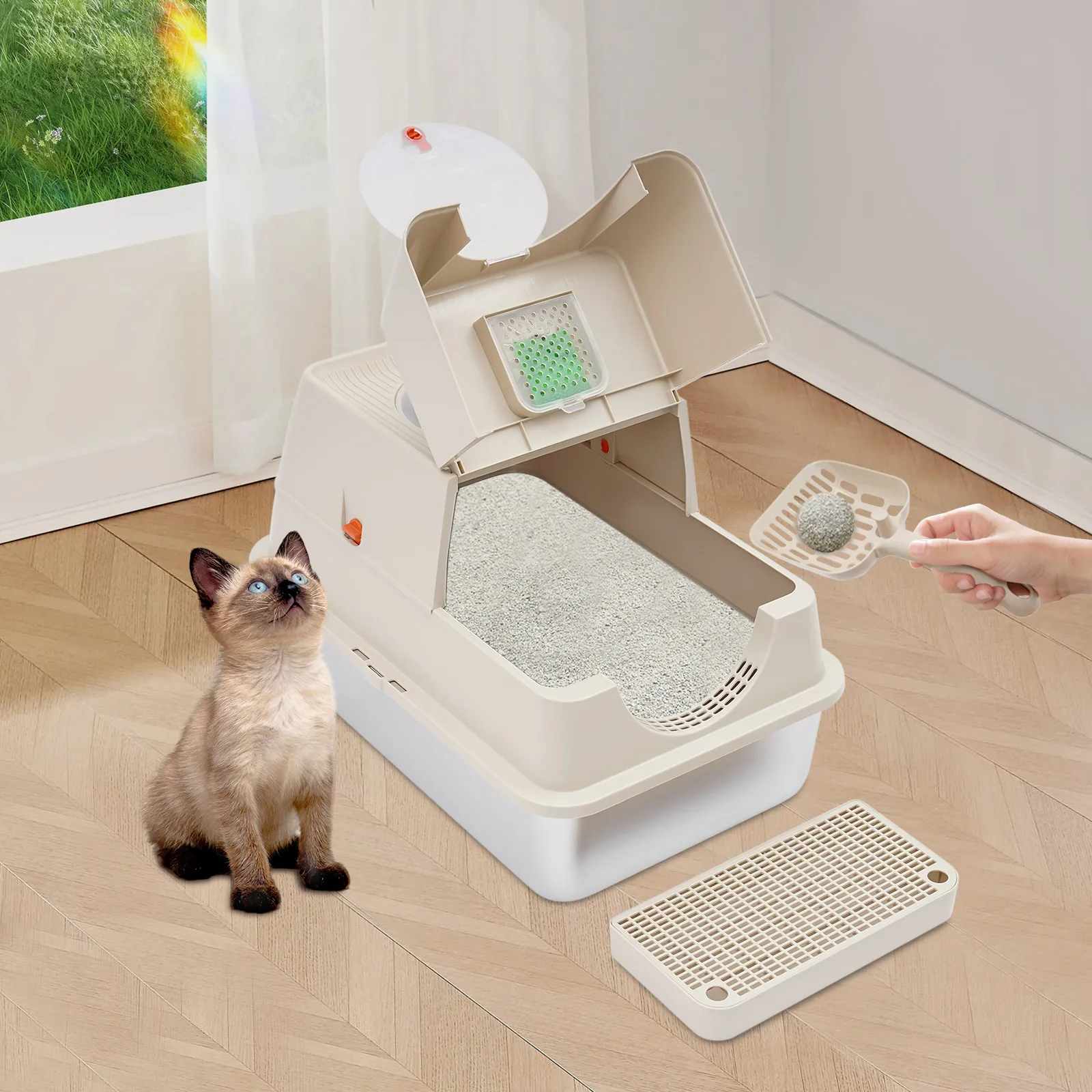 Khaki, TAILLE : 60*40*39cm, Bac à litière pour chat avec couvercle, Bac à litière fermé, Bac à litière pour chats pesant jusqu'à 22,05 lb