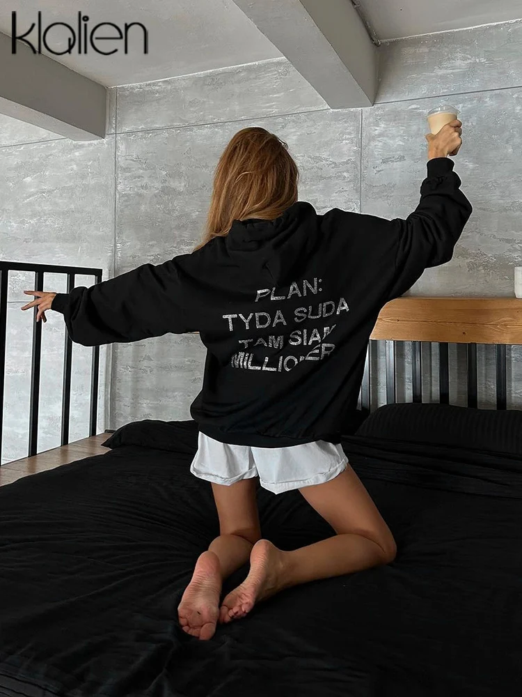 KLALIEN Letter Print Hooded Hoodies for Women Autumn Loose Casual Long Sleeve Streetwear Jogging Sweatshirt Female Pullover Tops