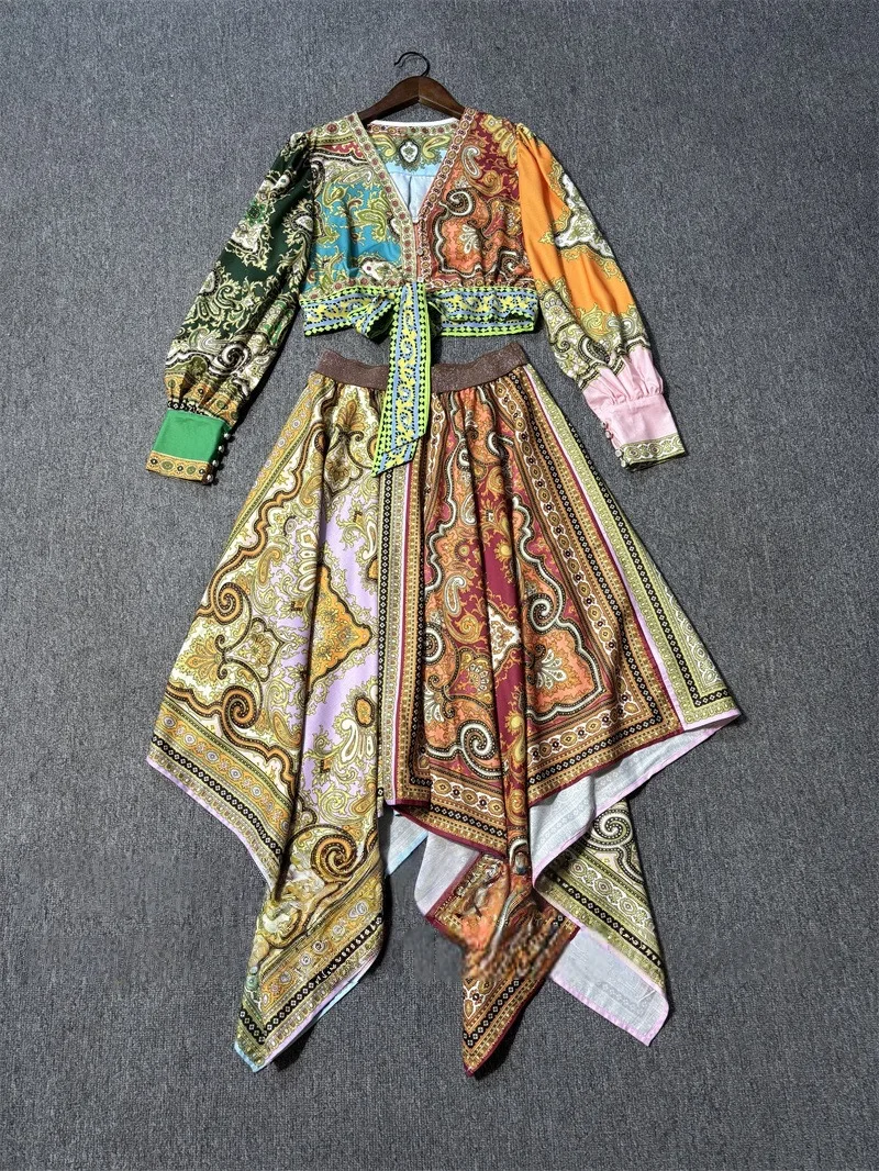 

Sexy Green Yellow Print Short Women's Tops And Skirts Summer Irregular V Collar Long Sleeves Short Tops And Long Skirts 60805