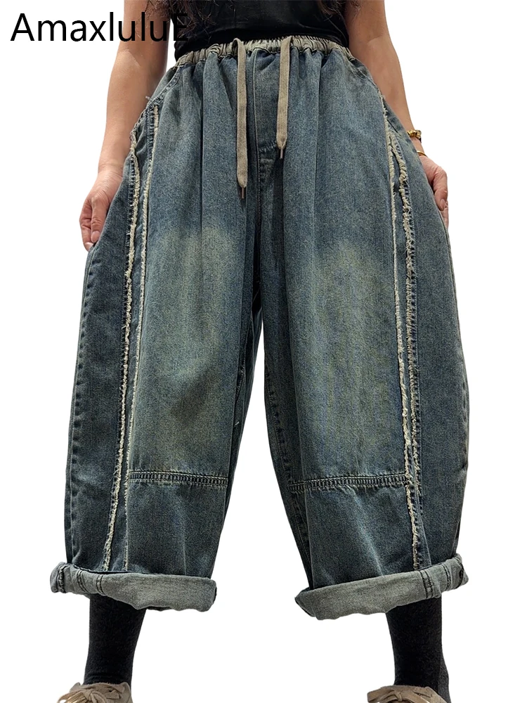 

Amax LuluE Japanese Fashion Womens Spring Striped Wide Leg Denim Pants Classic Leisure Loose Jeans Elastic Waist Harem Trousers