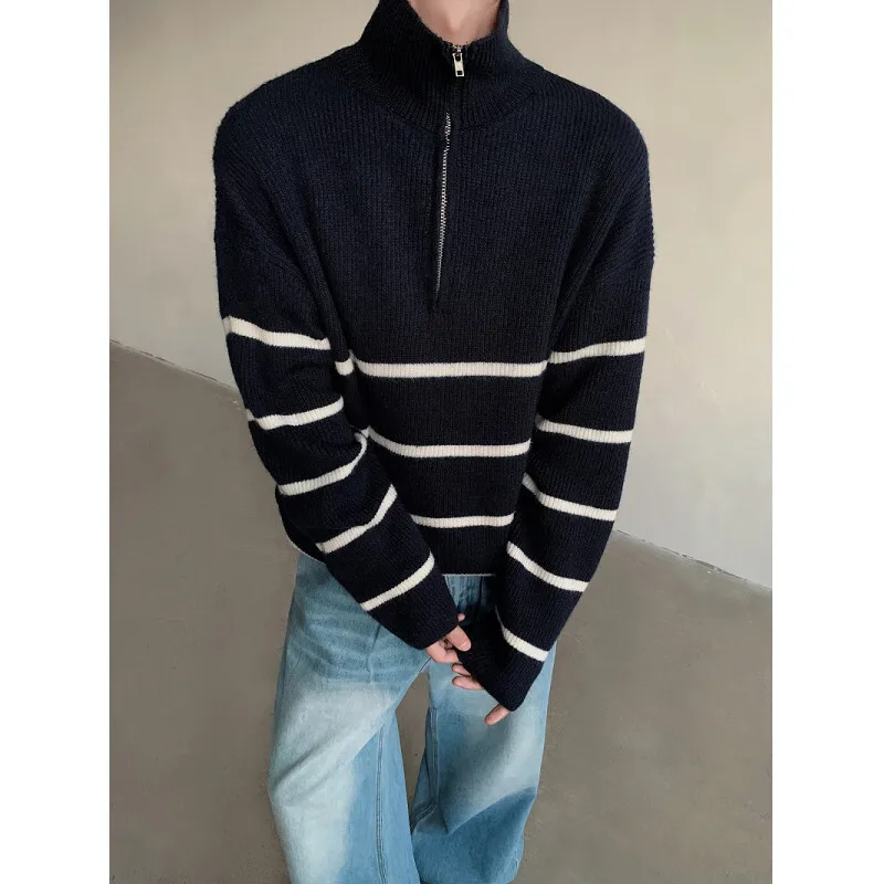 [OIMG] New Autumn And Winter Striped Sweater Men's Thick Half Zipper Long Sleeved Youth Loose Fit Color Blocked Sweater