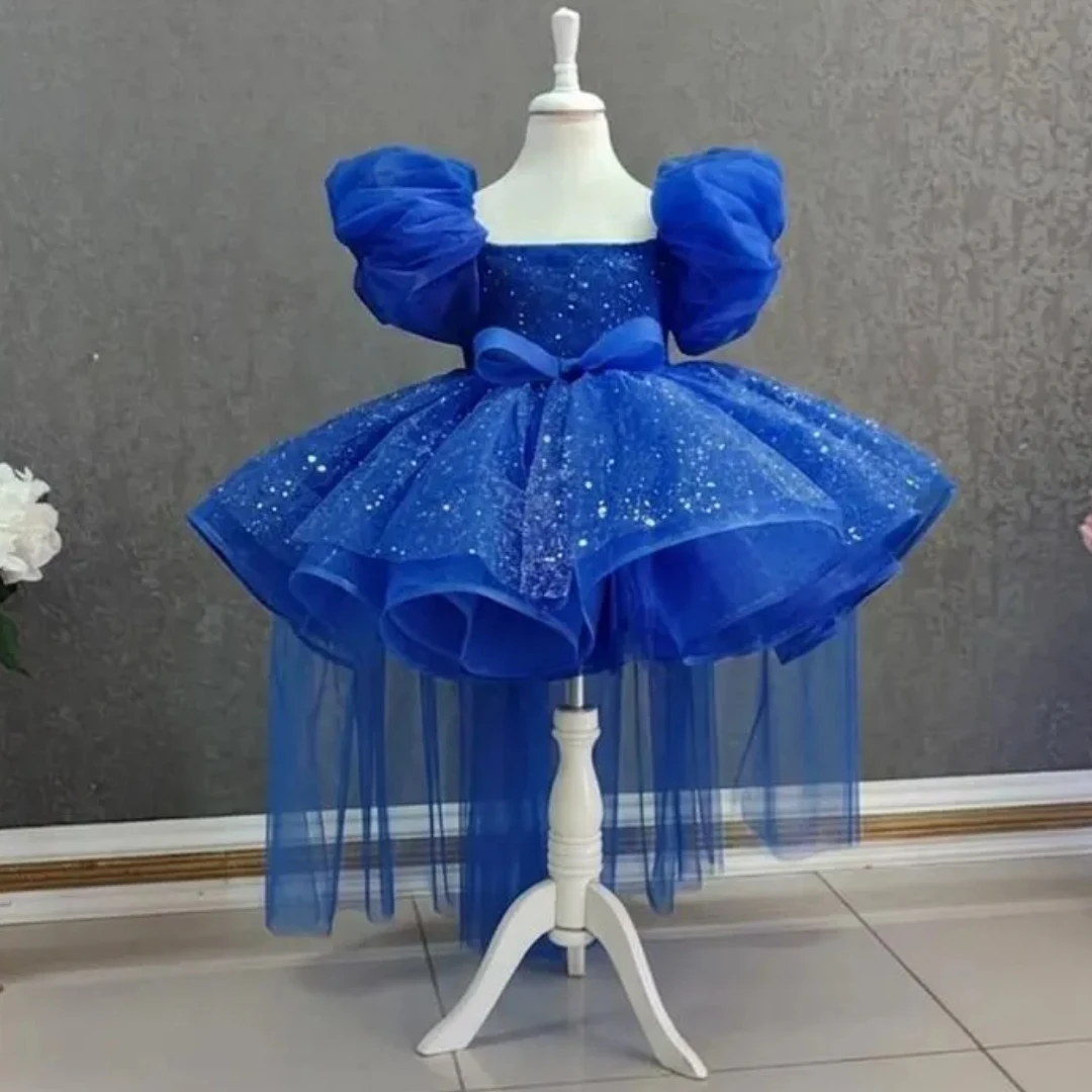 Customized Flower Girl Dress Royal Blue Tulle Sequin Bow Trailing Short Sleeve For Wedding Birthday Prom Party Ball Banquet Gown