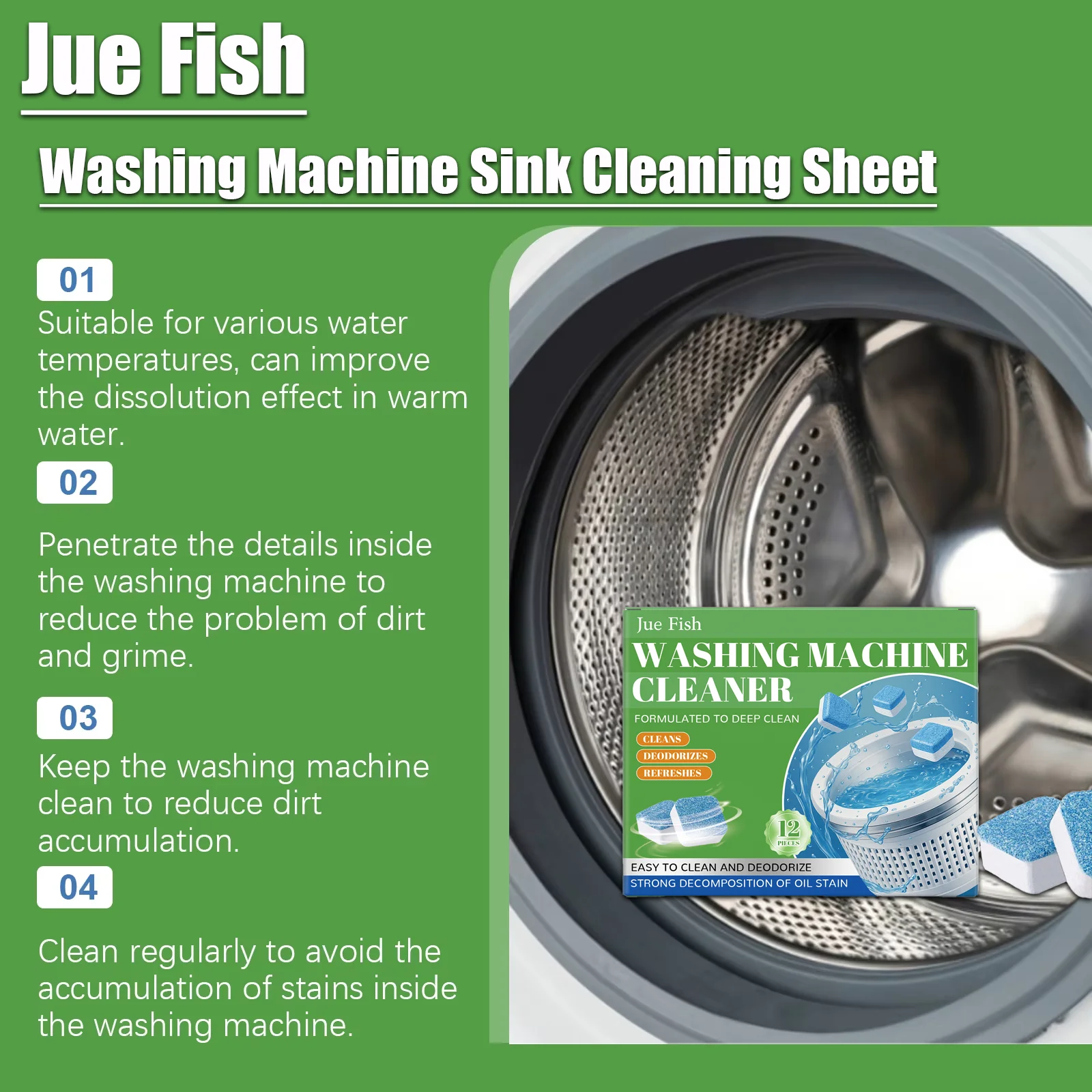 

Jue Fish Washing Machine Sink Cleaning Sheet, Drum Washing Sink, Dirt Removal, Odor cleaning, Cleaning Sheet