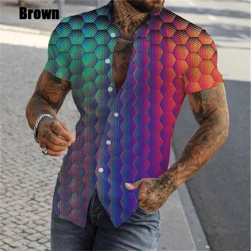 

3D Print Personality Geometric Pattern Shirt For Men Casual Short Sleeve Button Up Shirts Tops Mens Oversized Beach Shirt