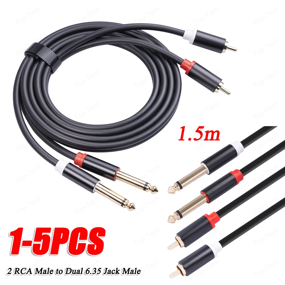 1.5m podwójny RCA przejście ze złącza męskiego na podwójne 6.35mm Jack męski złącze kabla Audio konwerter Adapter Splitter przewód do głośnik