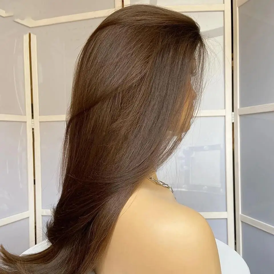 Peluca larga y suave para mujer, postizo de encaje frontal liso de 26 pulgadas, color marrón, 180% de densidad, pelo de bebé sintético predespuntado, sin pegamento, moda diaria