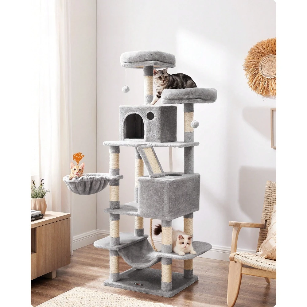 

66.1-Inch Large Cat Tower With 13 Scratching Posts, 2 Perches, 2 Caves, Basket, Hammock, Pompoms, Multi-Level Cat Furniture