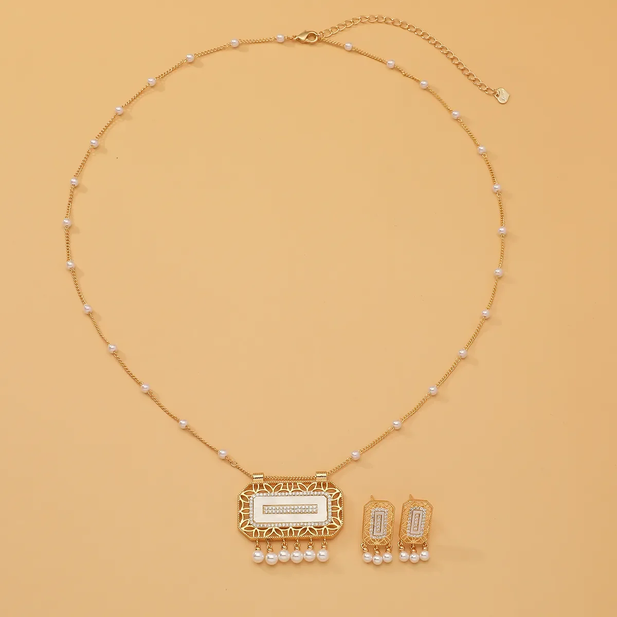 Women Fashion Long Chain Necklace & Earring Hollow Out Dubai Arabian style Shell Pearl Zircon Necklace Middle East Jewelry Set