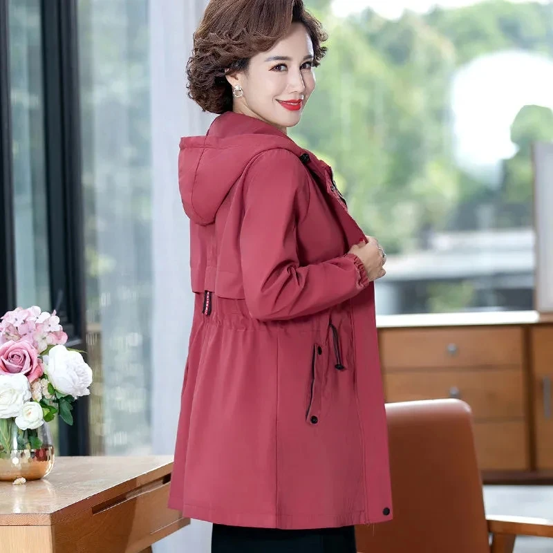 Windbreaker Women's Mid-Length Mother's Spring And Autumn Jacket Velvet Coat Outwear New Mid-Old Women's Trench Coat Hooded 3155