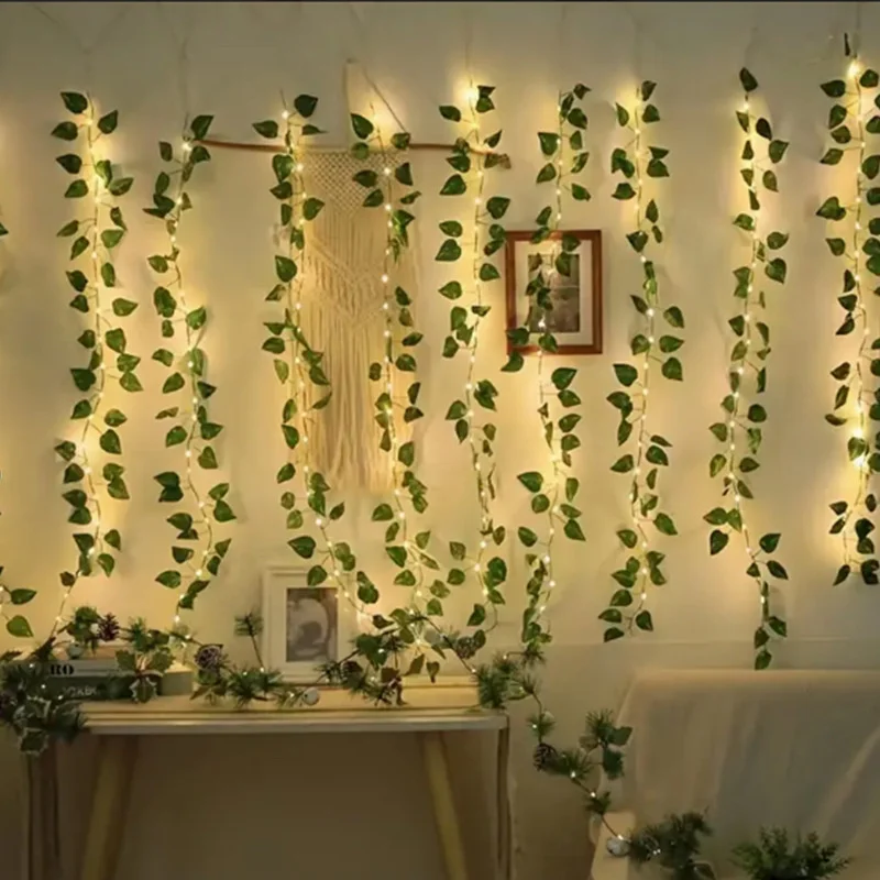 1pc Artificial Plants LED String Lights 20/50/100LED Green Leaves String Lights Battery Operated for Hanging Christmas Decor