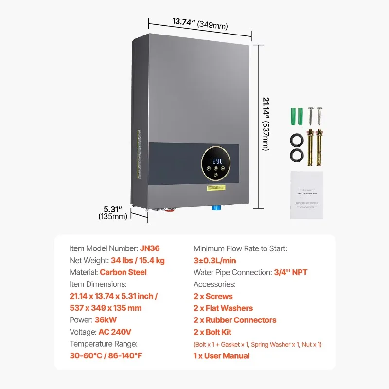 Multifunctional 27kW instant water heater with 240V LCD touchscreen