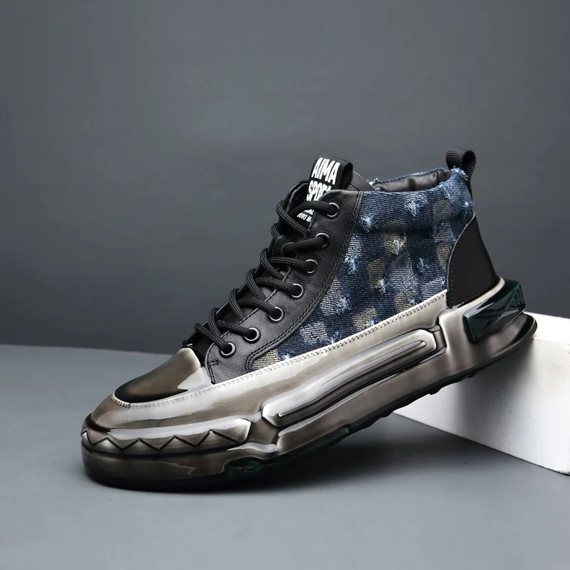 

New fashion trend comfortable versatile cowhide surface leather pad casual board high-top shoes men's single shoes