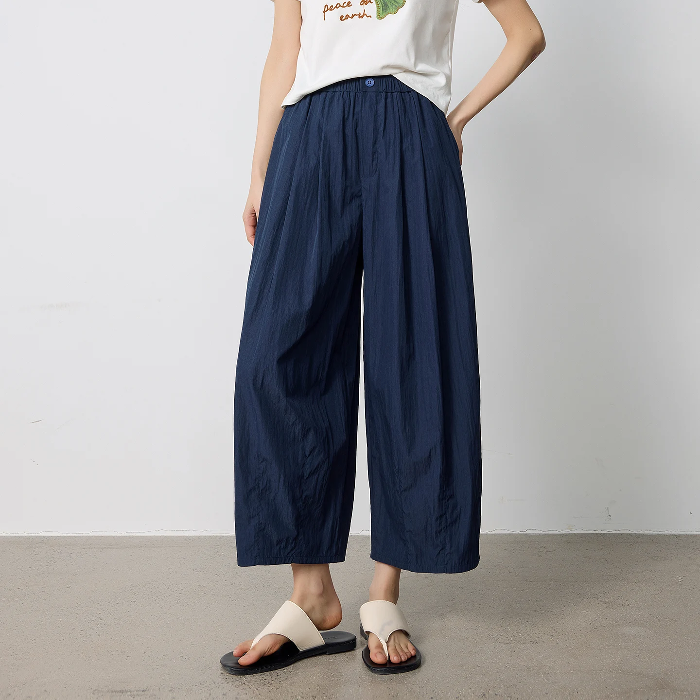 TOYOUTH Women Casual Pants 2026 Summer New High Waist Elastic Wide Leg Slight Wrinkle Relaxed Simple Style Ankle Pants